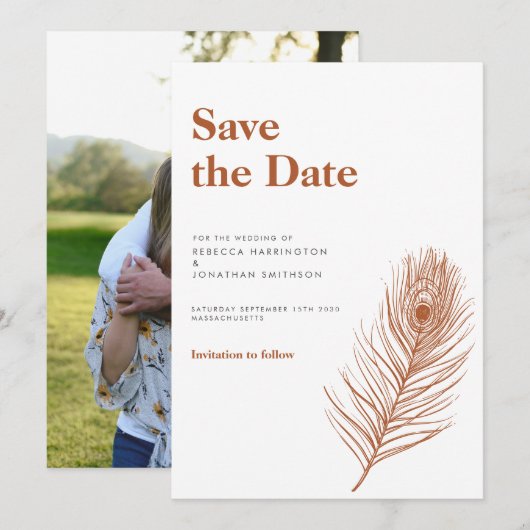 Rust Feather Terracotta Wedding Save the Date Kaart (Voorkant / Achterkant)