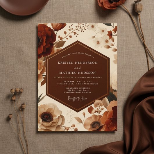 Rust Floral Autumn Romance Wedding Kaart