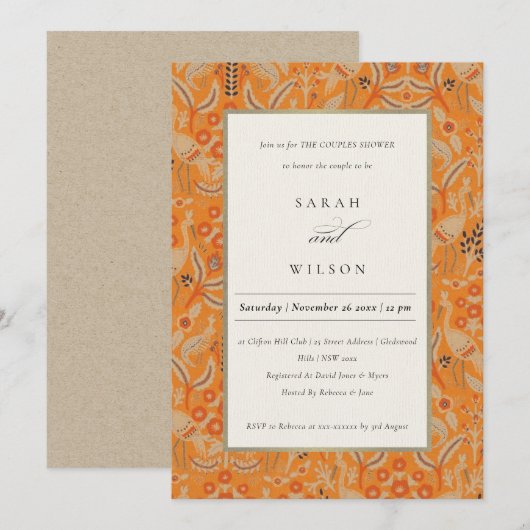  Rust Floral Peacock Couples Shower Invite Bedankkaart (Voorkant / Achterkant)