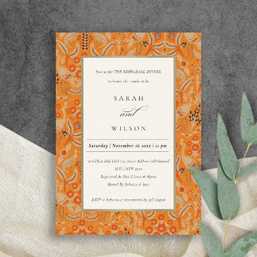 Rust Floral Peacock Rehearsal Dinner Invite Bedankkaart