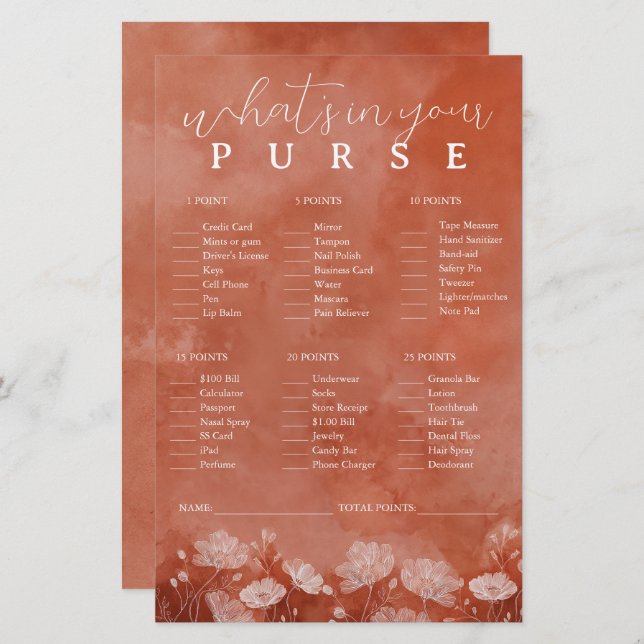 Rust Floral What’s in Your Purse Game (Voorkant / Achterkant)