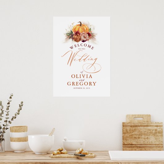 Rust Flowers en Pumpkins Wedding Welcome Poster (Keuken)