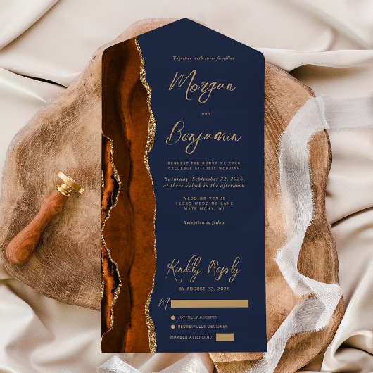 Rust Gold Agaat Navy Blue Modern Script Wedding All In One Uitnodiging