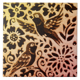 Rust Gold Brown Bird Autumn Leaves Batik Tegeltje