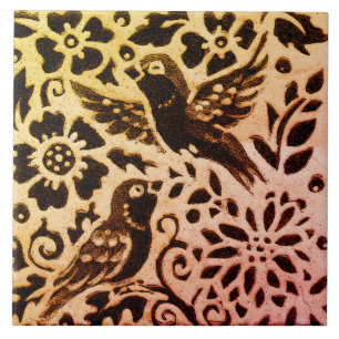 Rust Gold Brown Bird Autumn Leaves Batik Tegeltje