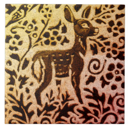 Rust Gold Brown Deer Fawn Floral Autumn Leaf Batik Tegeltje