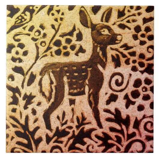 Rust Gold Brown Deer Fawn Floral Autumn Leaf Batik Tegeltje (Voorkant)