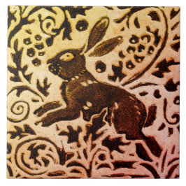 Rust Gold Brown Rabbit Floral Autumn Leaves Batik Tegeltje