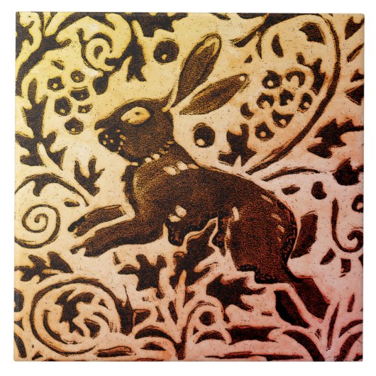Rust Gold Brown Rabbit Floral Autumn Leaves Batik Tegeltje (Voorkant)