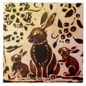 Rust Gold Brown Rabbit Floral Autumn Leaves Batik Tegeltje (Voorkant)