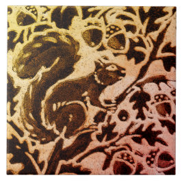 Rust Gold Brown Squirrel Floral Autumn Leaf Batik Tegeltje