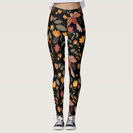 Rust Gold en groene bloemen en vogels op zwarte Le Leggings (Voorkant)