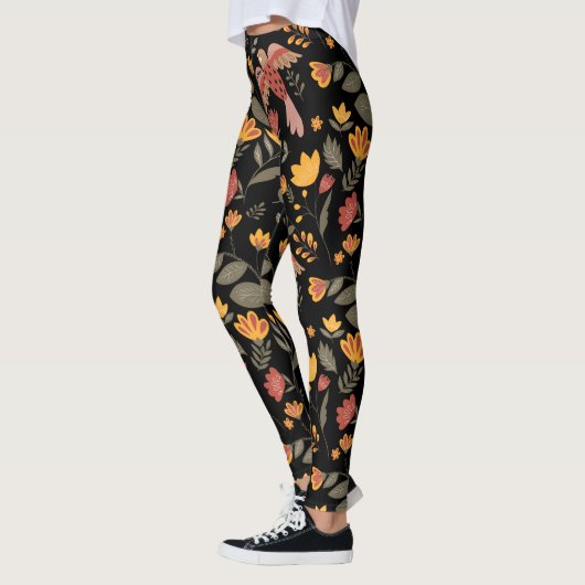 Rust Gold en groene bloemen en vogels op zwarte Le Leggings (Links)