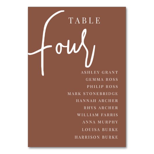 Rust Hand Scripted Table FOUR + gastnamen Kaart (Voorkant)
