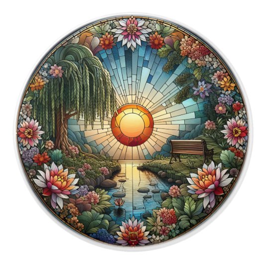 Rust in Glass A Floral Glas in lood Window Keramische Knop (Voorkant)