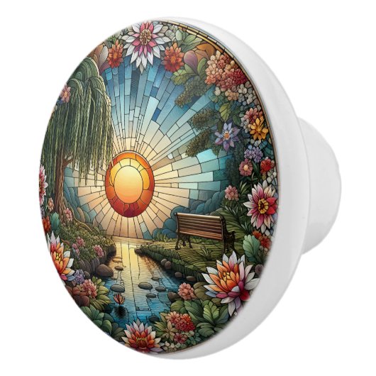 Rust in Glass A Floral Glas in lood Window Keramische Knop (Rechts)