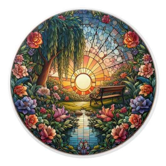 Rust in glazen bank en bloemen op vlekken keramische knop (Voorkant)