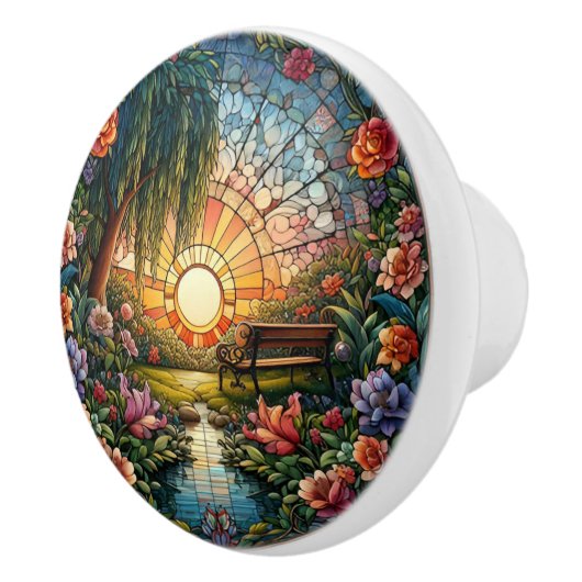 Rust in glazen bank en bloemen op vlekken keramische knop (Rechts)