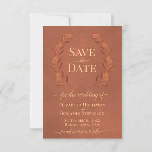 Rust Laurel Leaves Elegant Terracotta Wedding Save The Date (Voorkant)