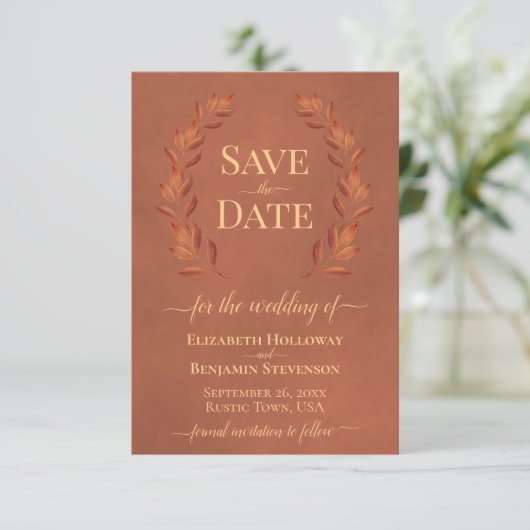 Rust Laurel Leaves Elegant Terracotta Wedding Save The Date (Staand voorkant)