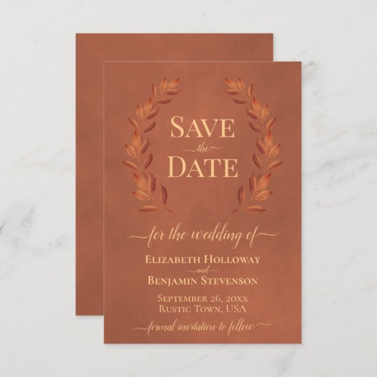 Rust Laurel Leaves Elegant Terracotta Wedding Save The Date (Voorkant / Achterkant)