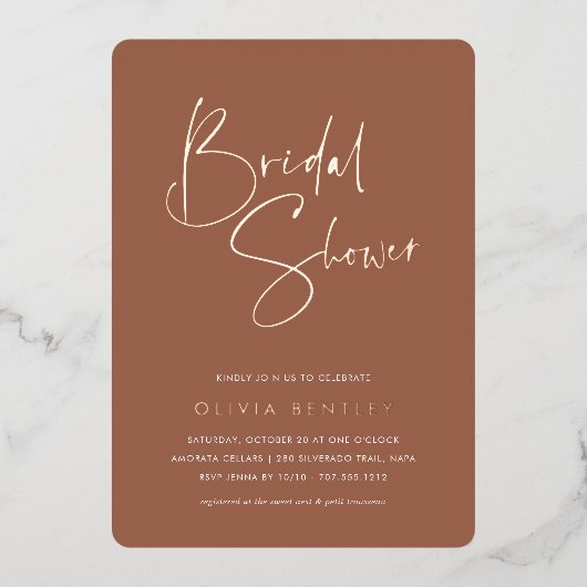 Rust | Modern minimalistisch script Vrijgezellenfe Folie Uitnodiging (Voorkant)