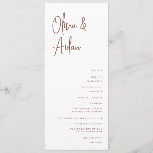 Rust | Moderne handgeschreven bruiloft voor script Programmakaart (Voorkant)