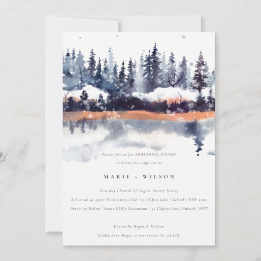 Rust Navy Winter Pine Forest Snow Rehearsal Dinner Kaart (Voorkant)