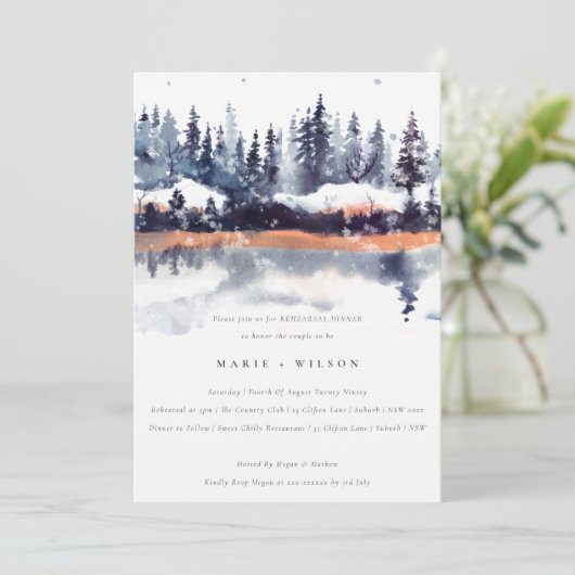 Rust Navy Winter Pine Forest Snow Rehearsal Dinner Kaart (Staand voorkant)