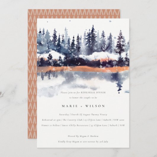 Rust Navy Winter Pine Forest Snow Rehearsal Dinner Kaart (Voorkant / Achterkant)