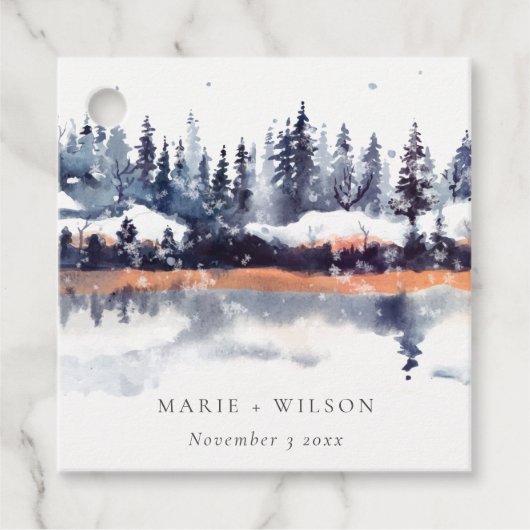Rust Navy Winter Pine Forest Snow Wedding Bedankjes Labels (Voorkant)
