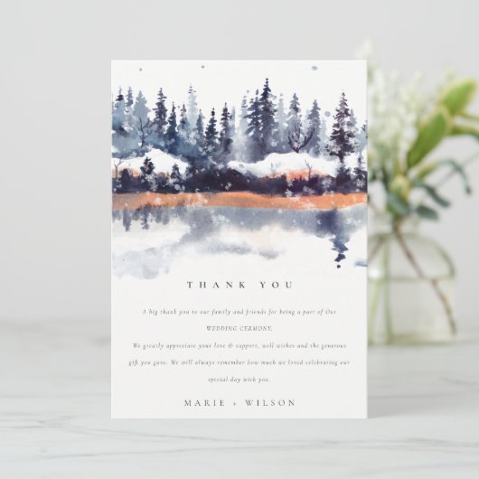 Rust Navy Winter Pine Forest Snow Wedding Bedankkaart (Staand voorkant)