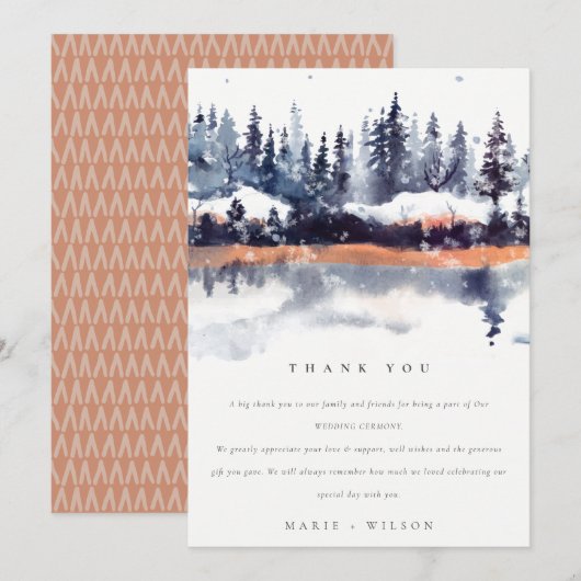 Rust Navy Winter Pine Forest Snow Wedding Bedankkaart (Voorkant / Achterkant)