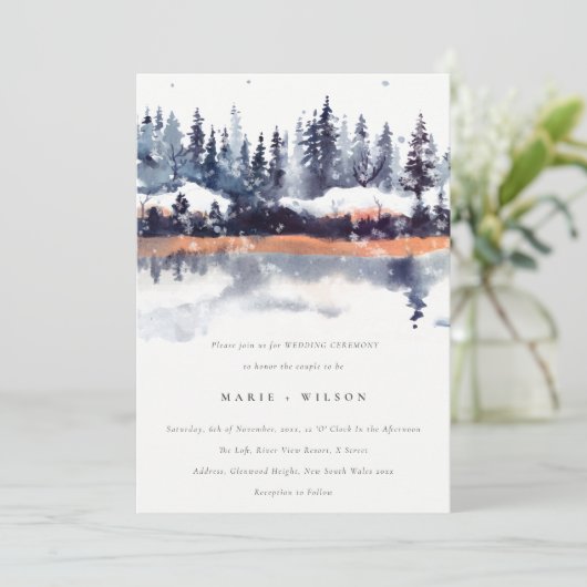 Rust Navy Winter Pine Forest Snow Wedding Kaart (Staand voorkant)