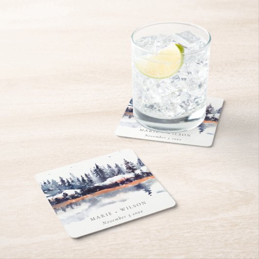 Rust Navy Winter Pine Forest Snow Wedding Kartonnen Onderzetters (Insitu)