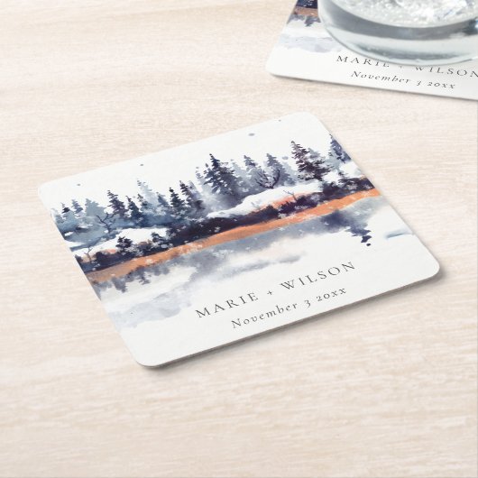 Rust Navy Winter Pine Forest Snow Wedding Kartonnen Onderzetters (Schuin)