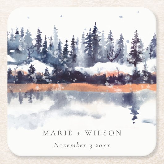 Rust Navy Winter Pine Forest Snow Wedding Kartonnen Onderzetters (Voorkant)