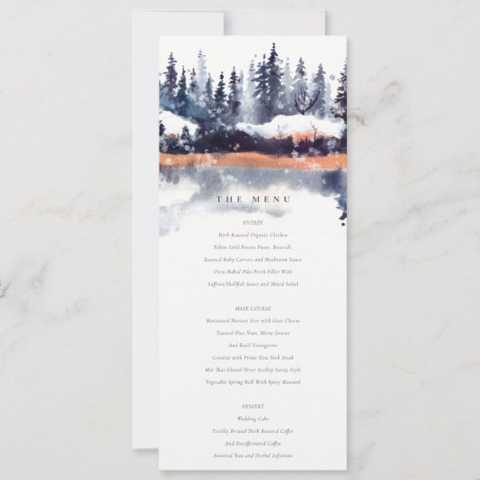Rust Navy Winter Pine Forest Snow Wedding Menu Kaart (Voorkant)