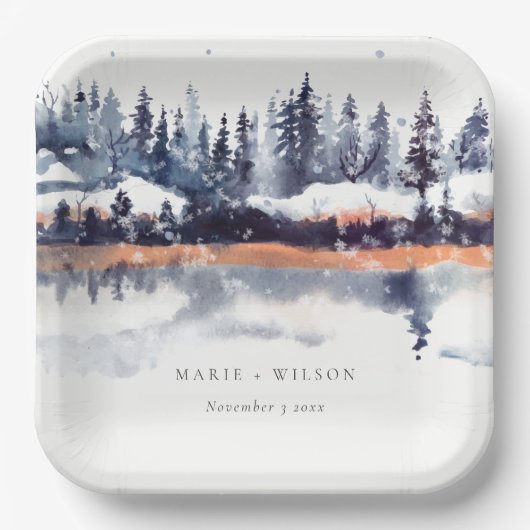 Rust Navy Winter Pine Forest Snow Wedding Papieren Bordje (Voorkant)