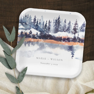 Rust Navy Winter Pine Forest Snow Wedding Papieren Bordje