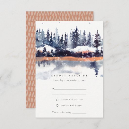 Rust Navy Winter Pine Forest Snow Wedding RSVP Informatiekaartje (Voorkant / Achterkant)