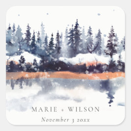Rust Navy Winter Pine Forest Snow Wedding Vierkante Sticker