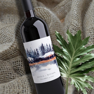 Rust Navy Winter Pine Forest Snow Wedding Wijn Etiket