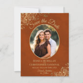 Rust Orange & Gold Wedding Save Date Oval Photo Magnetische Uitnodiging (Voorkant)