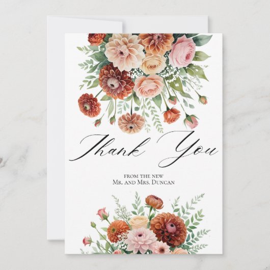 Rust Orange Sage Green Blush Flowers Wedding Photo Bedankkaart (Voorkant)