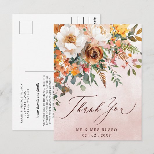 Rust Oranje Bloemrijke Herfst Bruiloft Dank Je Briefkaart (Voorkant / Achterkant)
