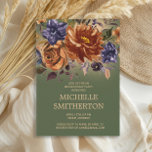 Rust Oranje Blue Floral Green 90th Birthday Invita Kaart<br><div class="desc">Elegant en stijlvol,  80ste verjaardagsfeest voor vrouwen met roest/verbrande oranje en marinesblauwe waterverf bloemen en groen op een jager-groene achtergrond. Neem contact met mij op voor hulp bij aanpassingen of voor het aanvragen van matching of het coördineren van Zazzle-producten.</div>