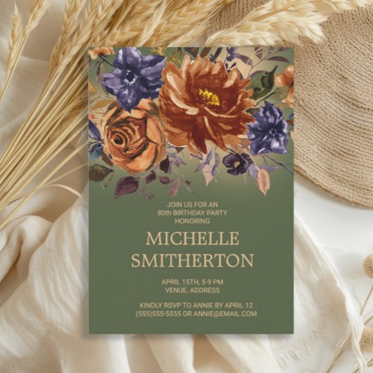 Rust Oranje Blue Floral Green 90th Birthday Invita Kaart