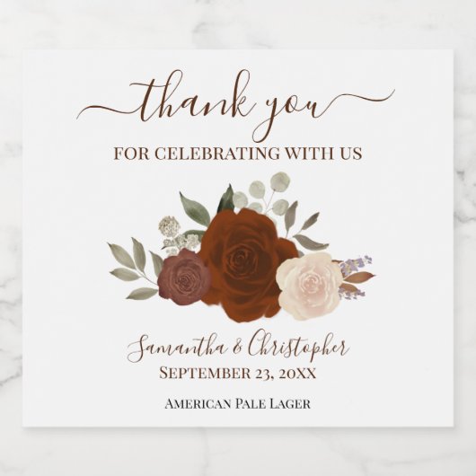 Rust Oranje Elegant Boho Rozen Weddenschap Bier Etiket (Enkel label)