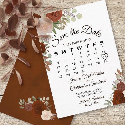 Rust Oranje Floral Elegant Boho Wedding Calendar Save The Date